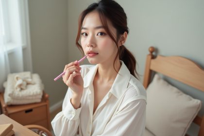 Jeune femme appliquant un crayon à lèvres rose dans sa chambre