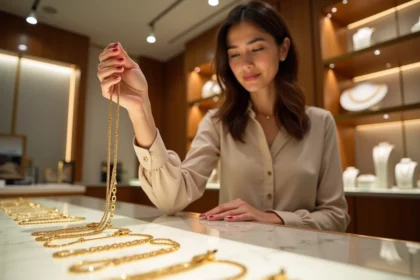 Jeune femme examine des chaînes en or dans une bijouterie élégante
