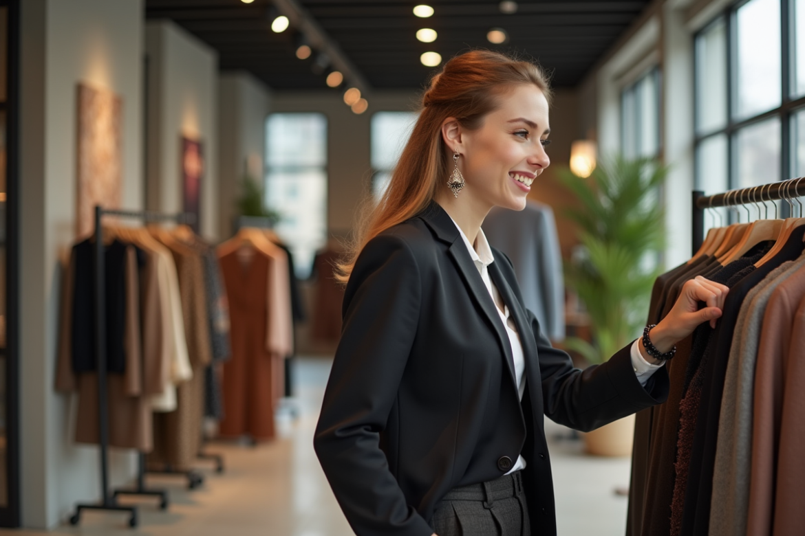Jeune femme stylée choisissant un vêtement en boutique
