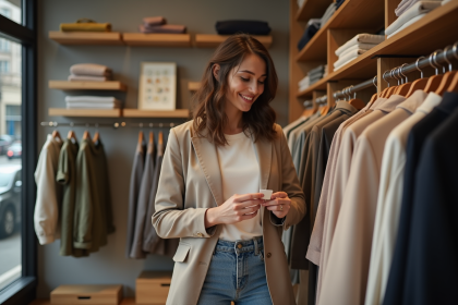 Jeune femme souriante dans une boutique de mode urbaine