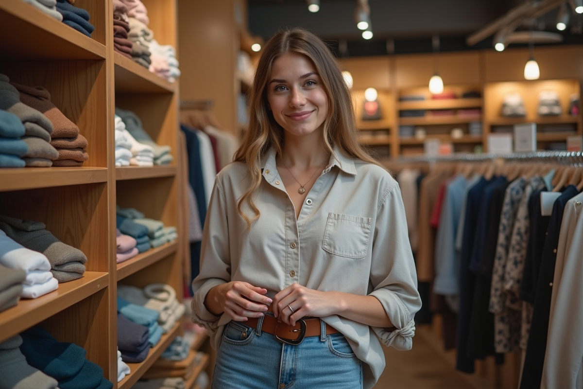 Jeune femme examinant des ceintures élastiques dans une boutique de mode