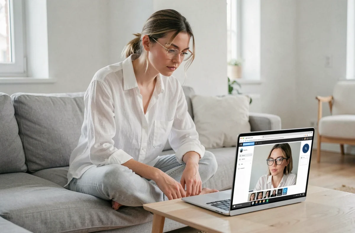 Jeune femme comparant des montures de lunettes virtuelles sur un ordinateur portable depuis son salon