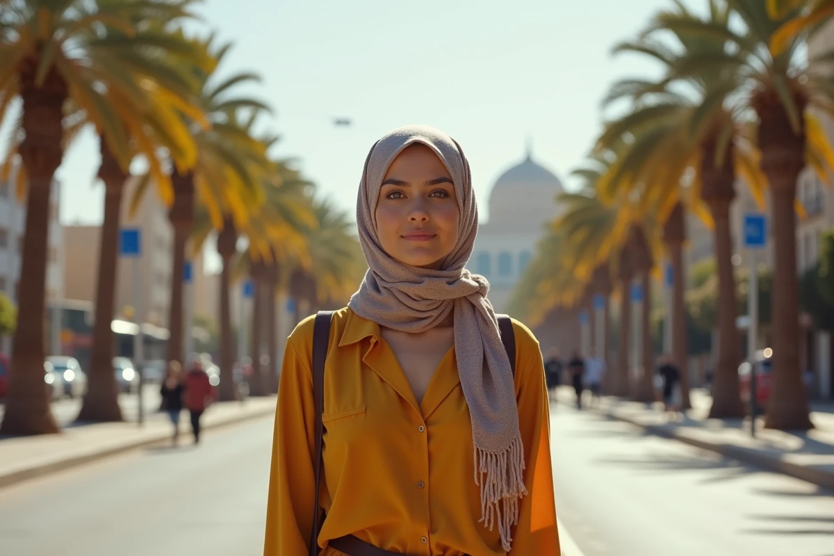 Jeune femme marocaine en streetwear marchant dans la ville