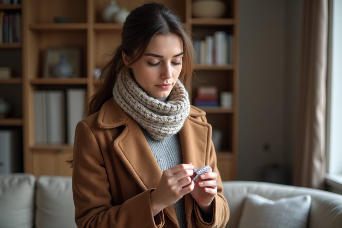 Jeune femme mesure ses mains avec un ruban dans un intérieur cosy
