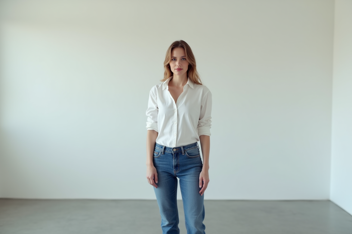 Jeune femme en jeans et chemise blanche dans un studio minimaliste