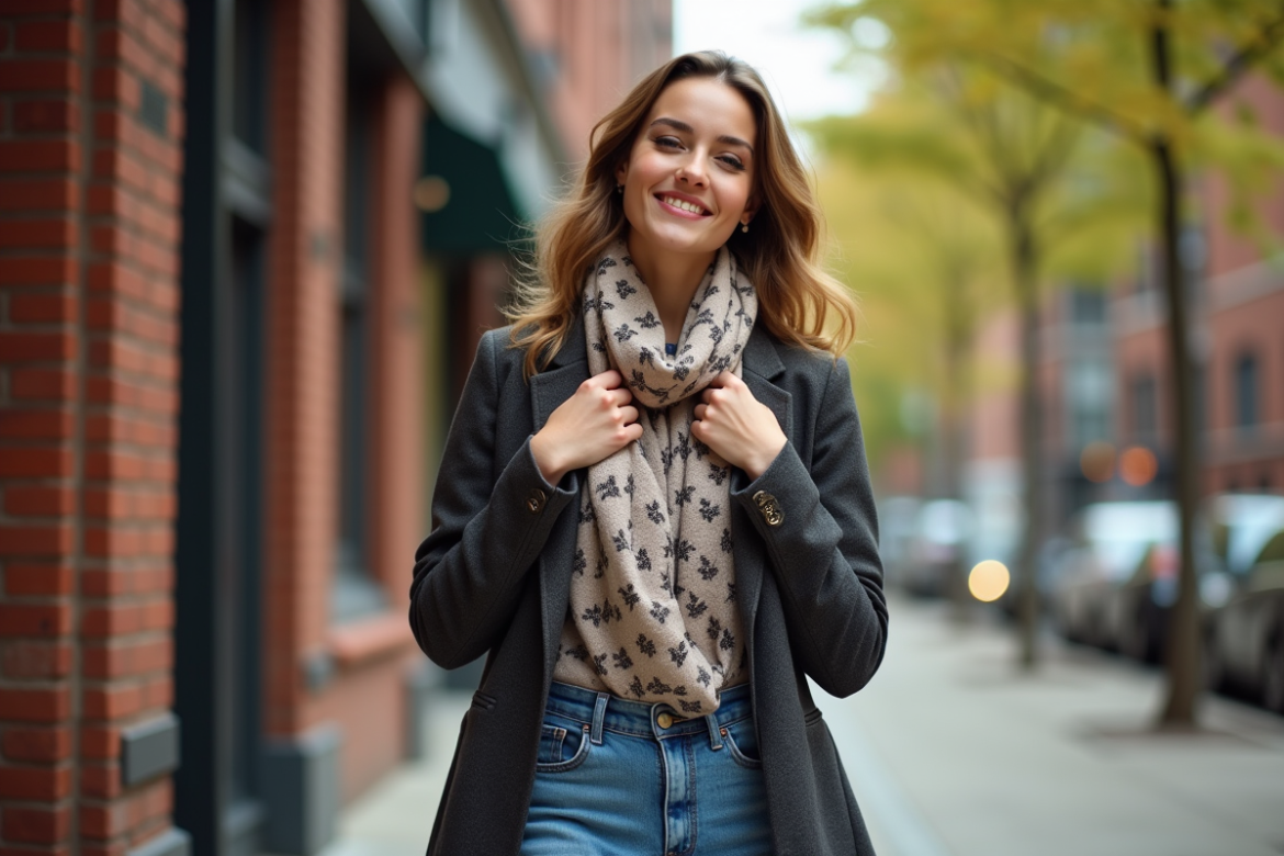 Jeune femme élégante ajustant une écharpe dans la ville