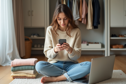 Jeune femme utilisant son smartphone dans une chambre lumineuse