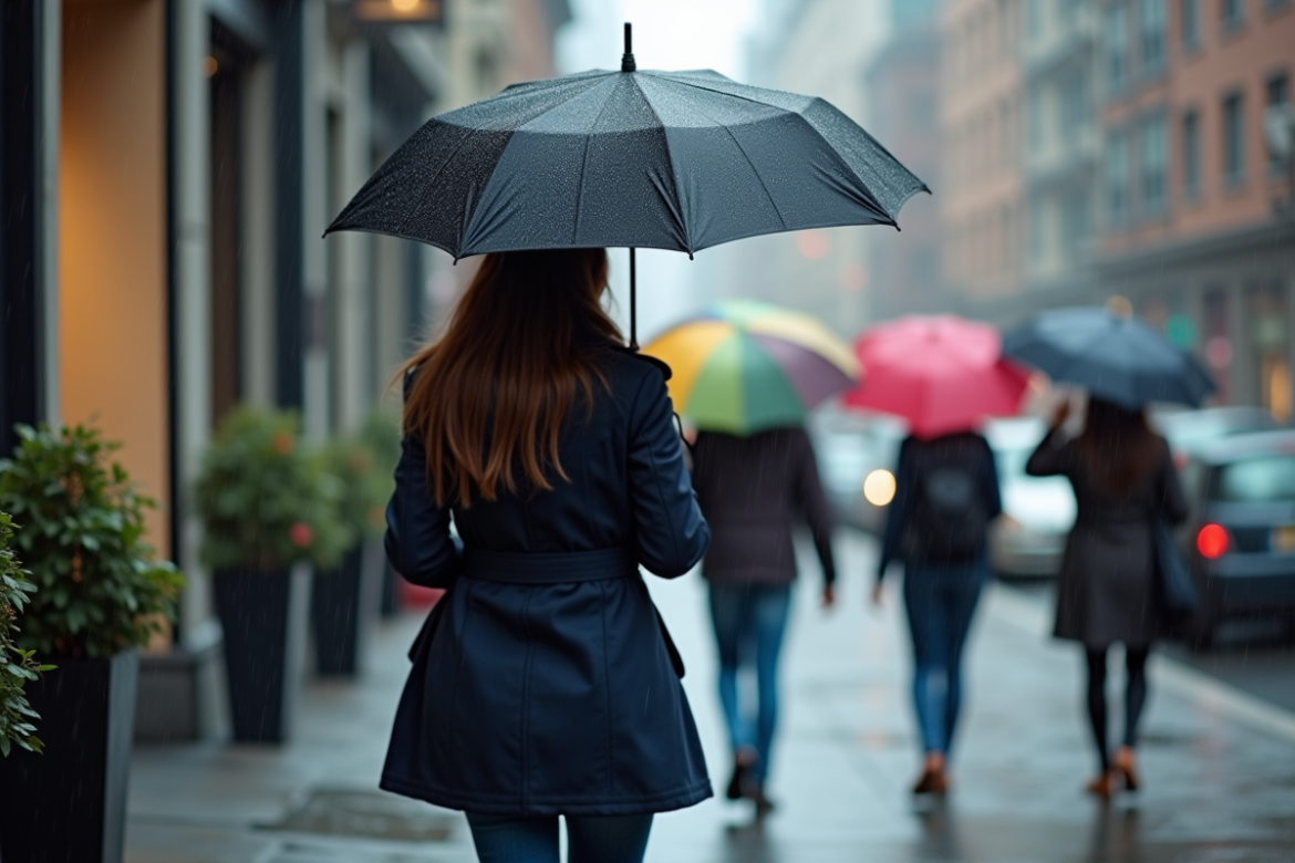 Jeune femme avec parapluie noir dans la ville sous la pluie
