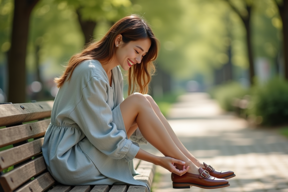 Jeune femme en robe en lin dans un parc urbain ensoleille