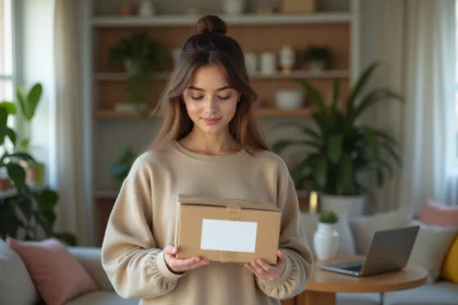 Jeune femme en streetwear examinant un colis chez elle