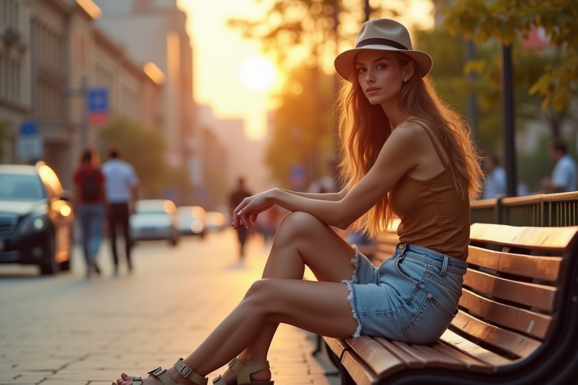 Jeune femme élégante assise sur un banc en ville avec sandales Birkenstock