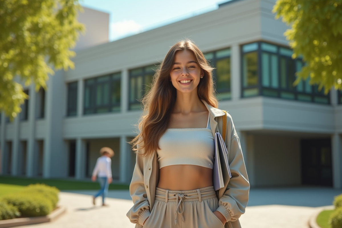 Jeune fille confiante marchant devant une école moderne