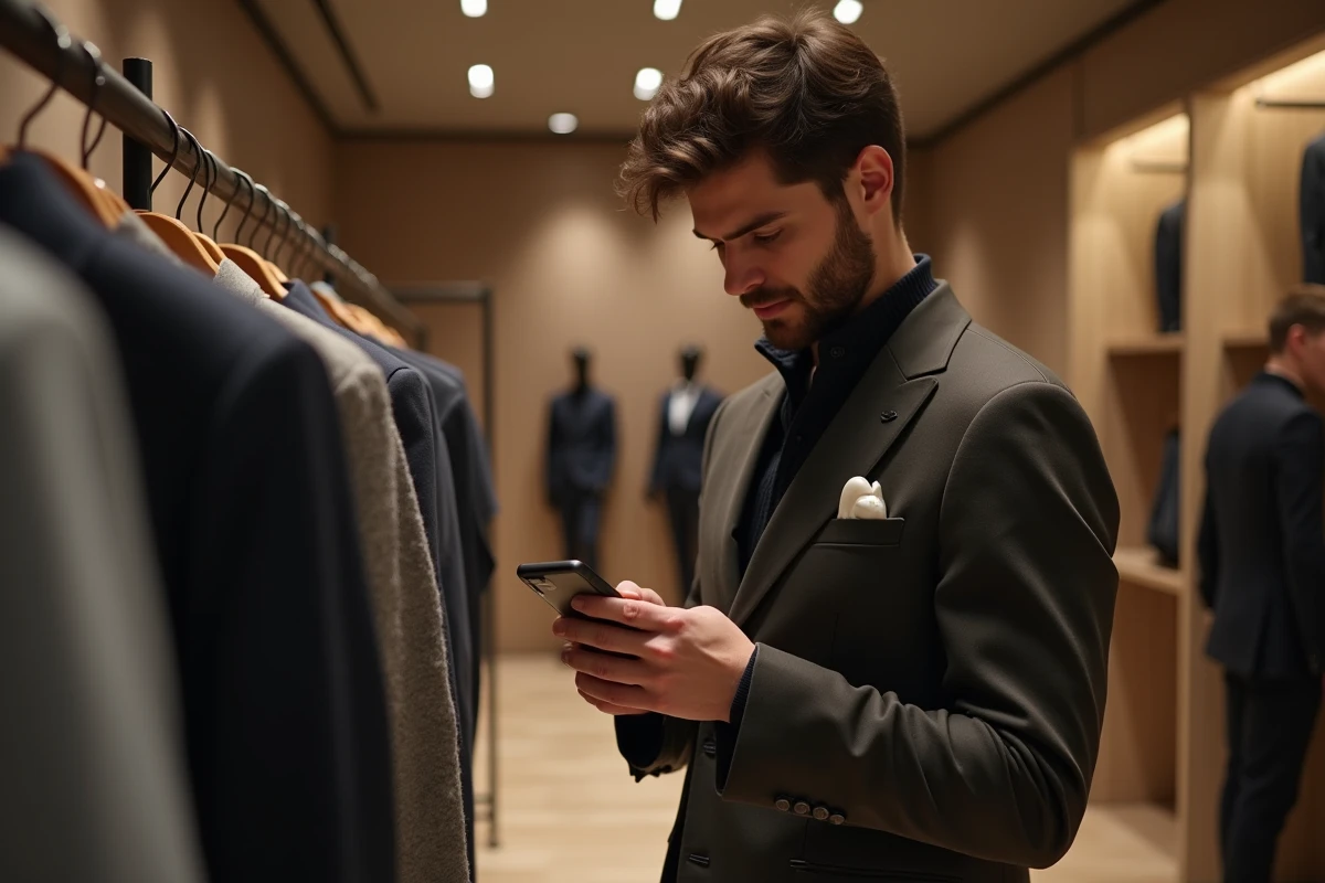 Jeune homme regarde une sélection de vêtements dans une boutique élégante