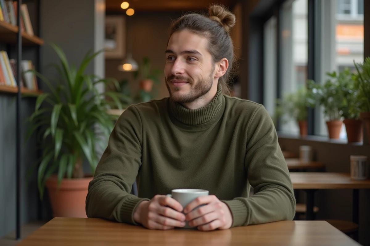 Jeune homme en café avec bun et sourire détendu