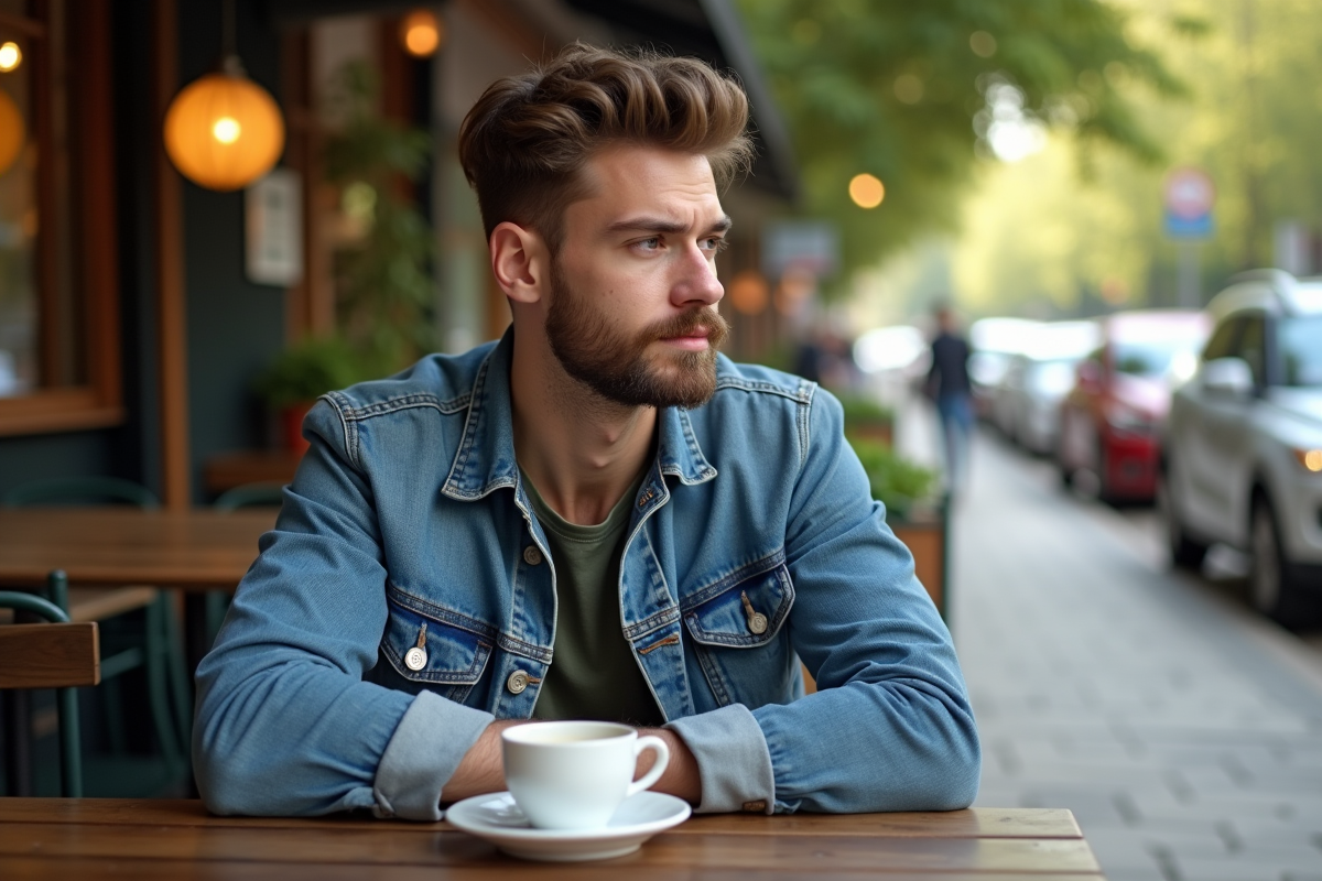 Jeune homme avec barbe au café en plein air