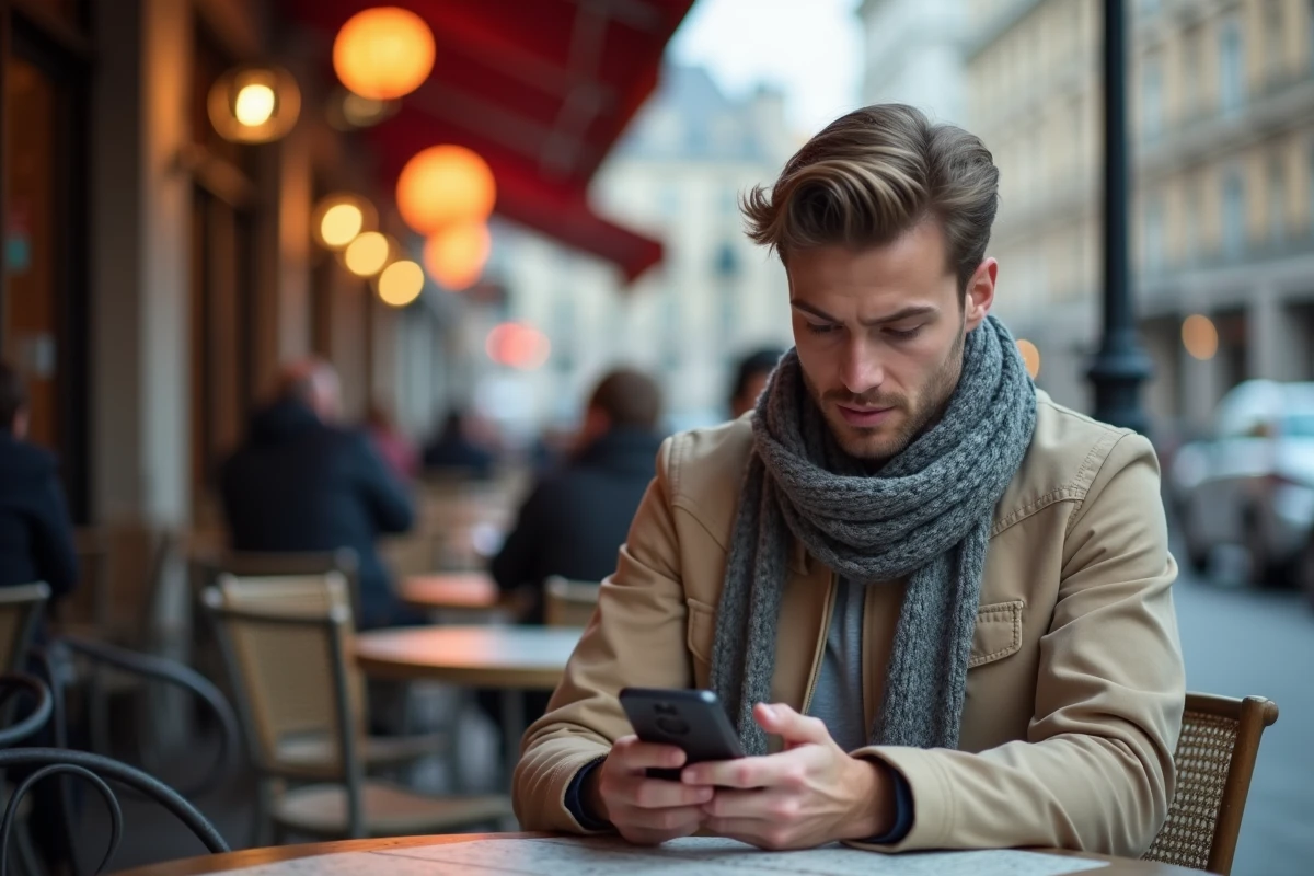 Jeune homme sur une terrasse de café naviguant sur son smartphone