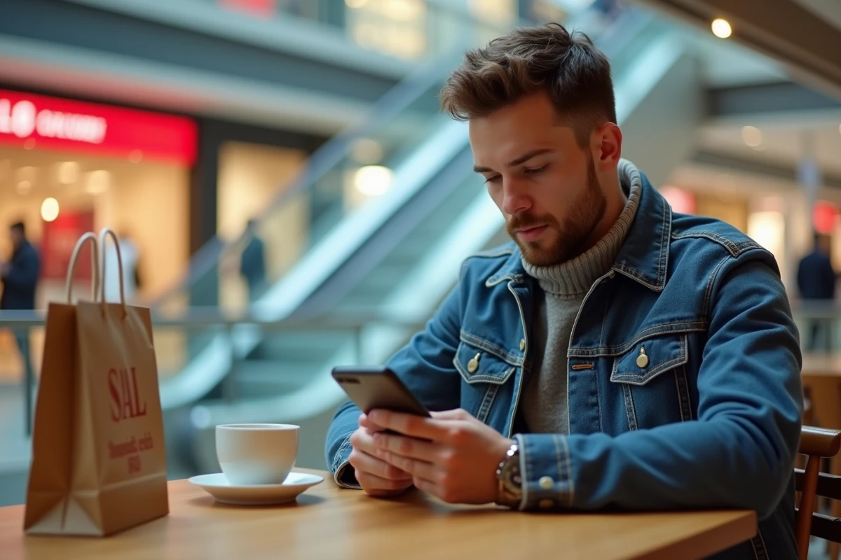 Jeune homme consultant les dates des soldes 2026 sur son téléphone dans un centre commercial