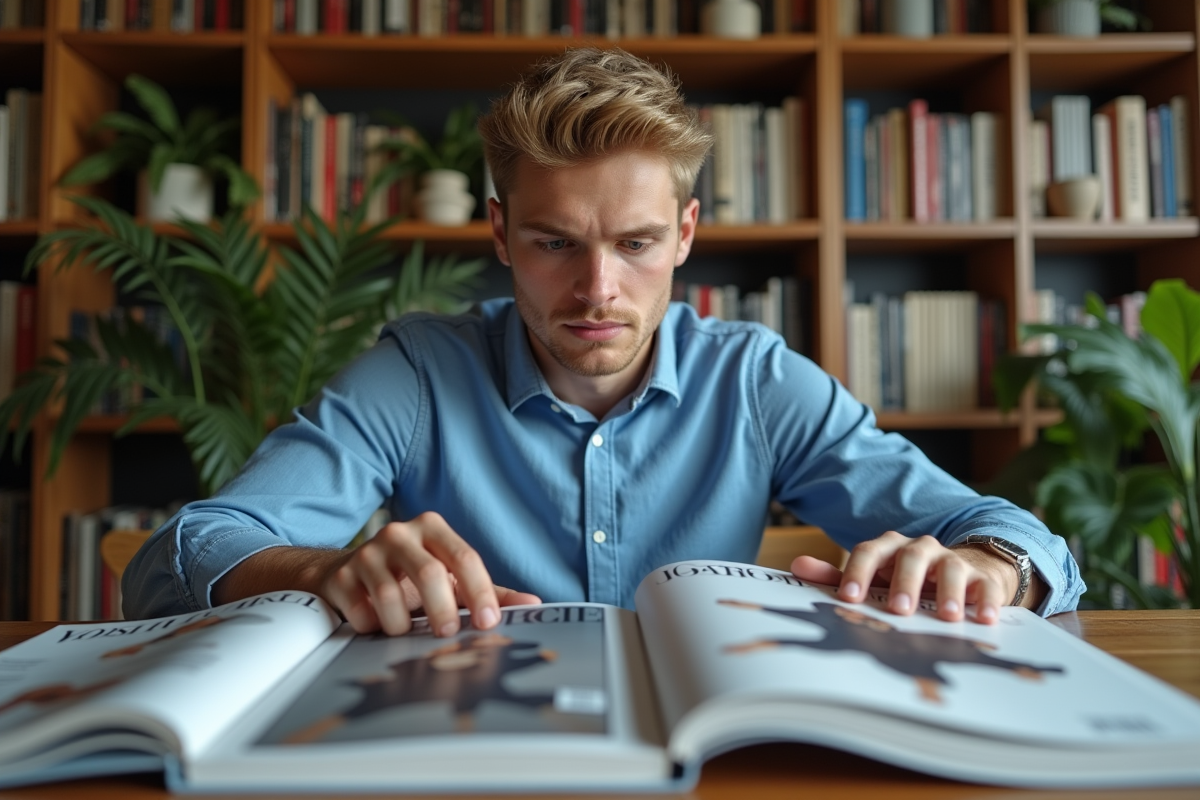 Jeune homme feuilletant magazines de mode dans une bibliothèque
