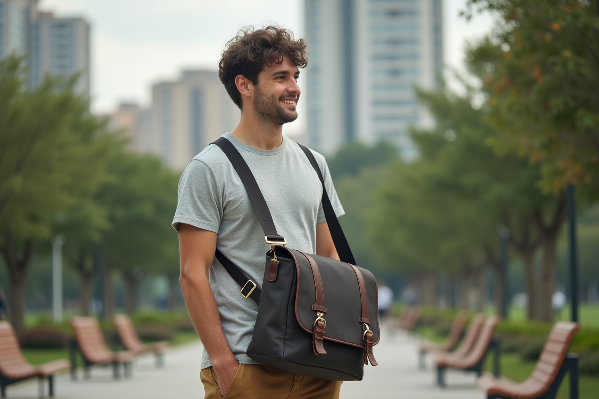 Jeune homme essayant différentes longueurs de sac en ville