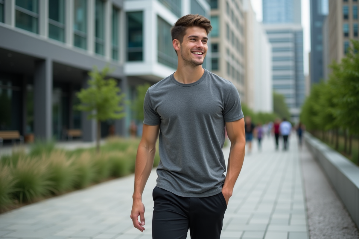 Jeune homme en t-shirt gris et pantalon noir marche en ville