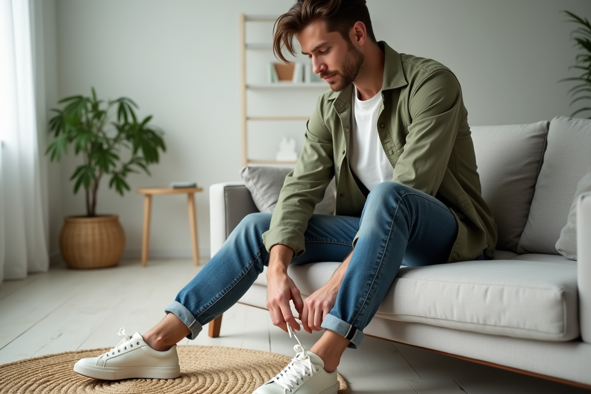 Jeune homme assis dans un salon scandinave en train de lacer ses sneakers