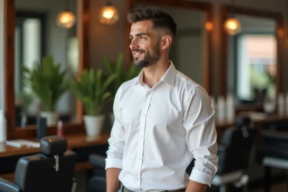 Jeune homme avec coupe fade dans un barbershop moderne