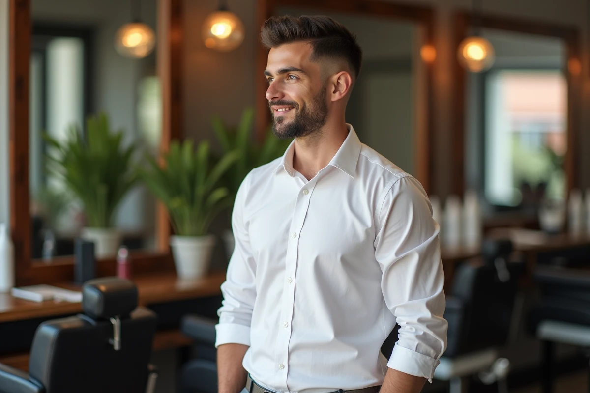 Jeune homme avec coupe fade dans un barbershop moderne