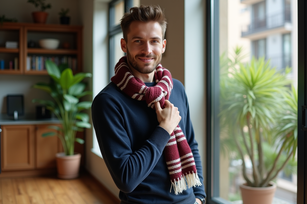 Jeune homme en intérieur nouant une écharpe rayée bleu marine