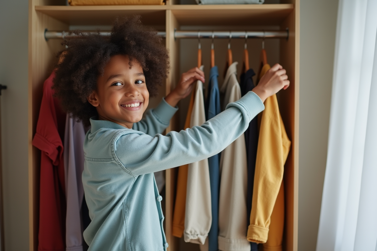 Jeune arrangeant des vêtements par couleur dans une garde-robe ouverte