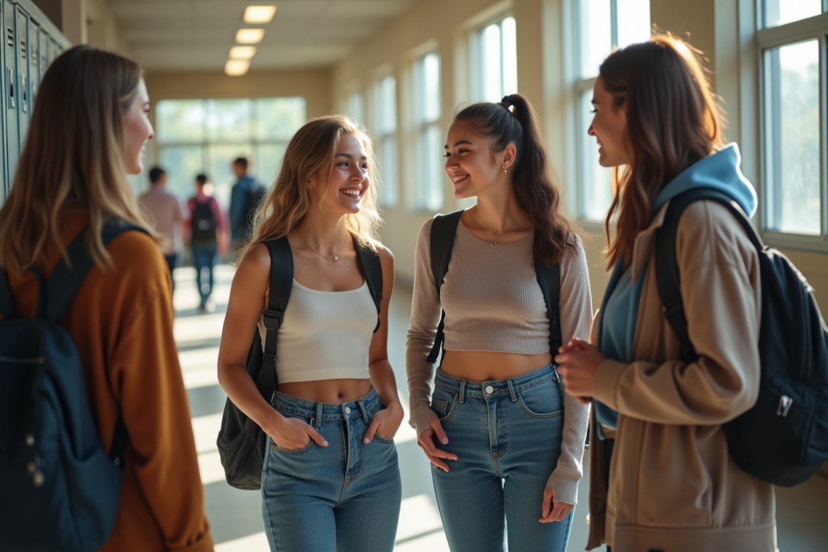 Groupe de lycéens discutant devant les casiers scolaires