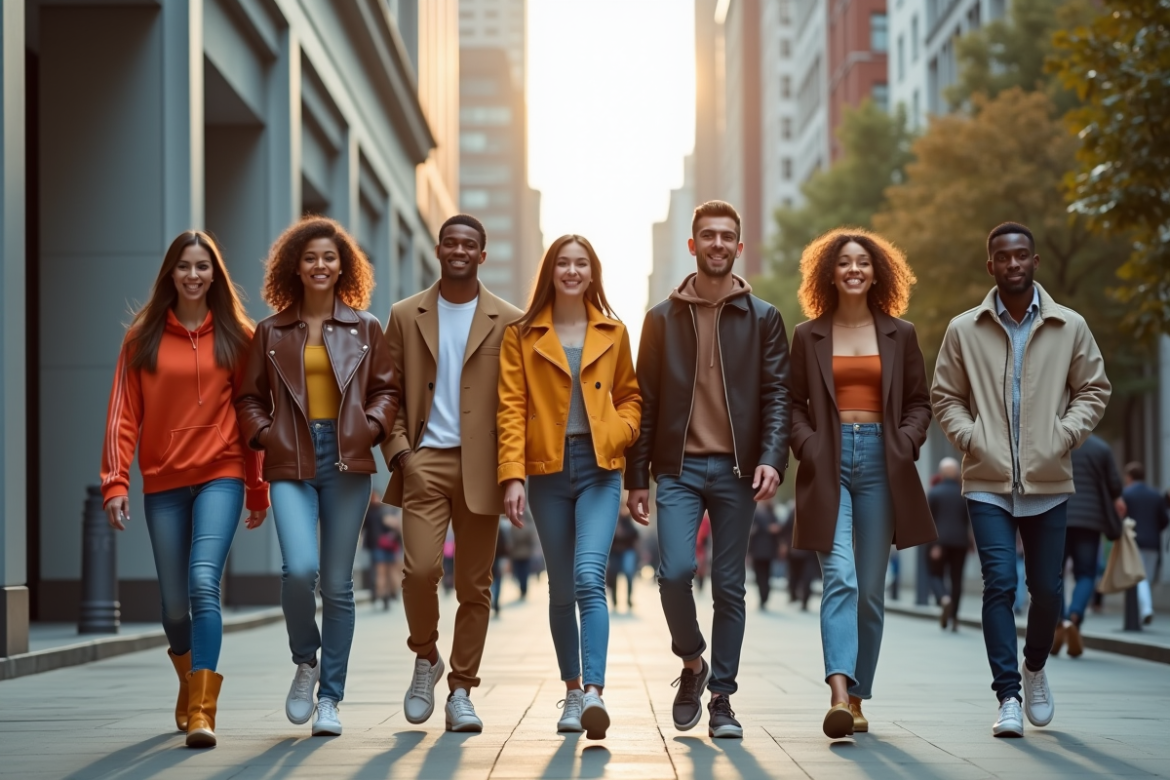 Groupe de jeunes adultes en mode tendance dans la ville