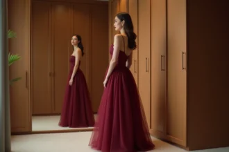 Femme portant une robe de soirée longue en soie bordeaux sur un jupon en crinoline qui met en valeur la silhouette en A dans un dressing élégant