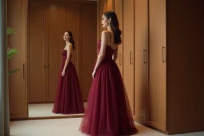 Femme portant une robe de soirée longue en soie bordeaux sur un jupon en crinoline qui met en valeur la silhouette en A dans un dressing élégant