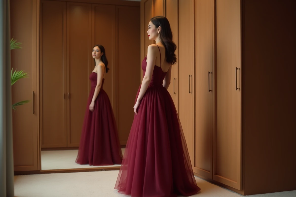 Femme portant une robe de soirée longue en soie bordeaux sur un jupon en crinoline qui met en valeur la silhouette en A dans un dressing élégant