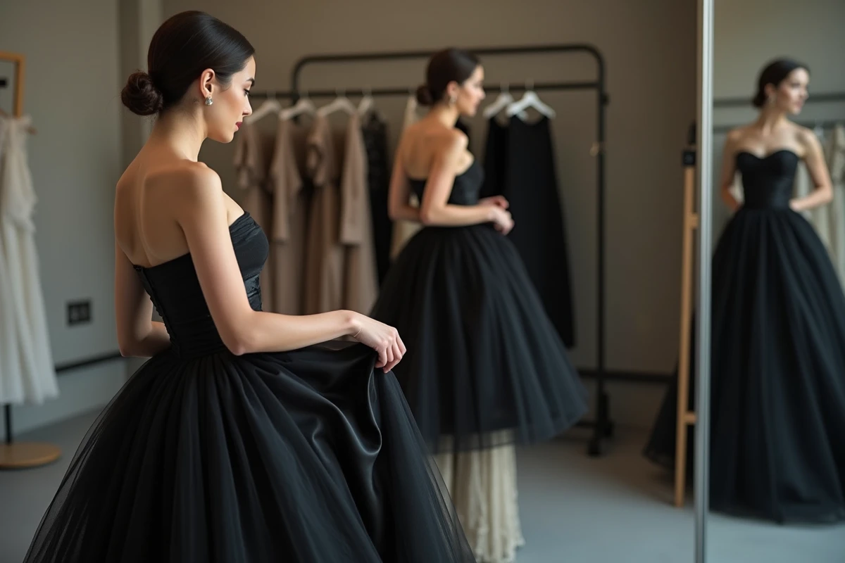 Femme ajustant son jupon en satin et tulle sous une robe de soirée noire en coulisse d'un événement de gala