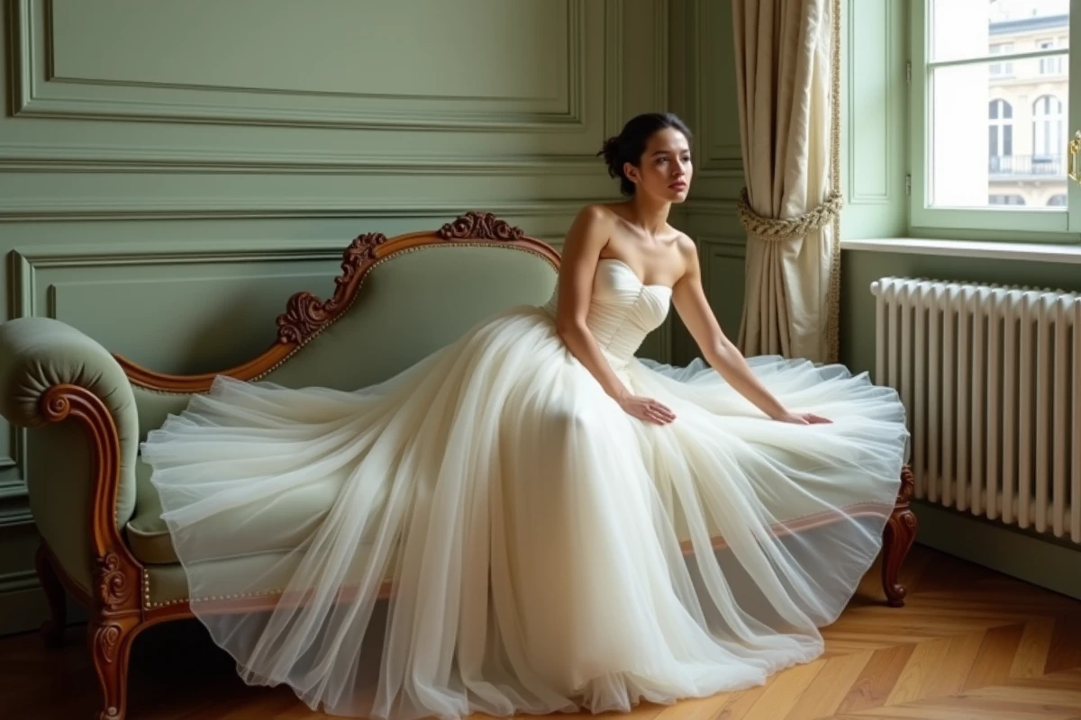 Femme en robe de soirée ivoire avec jupon en tulle volumineux assise sur une chaise longue dans un appartement parisien classique