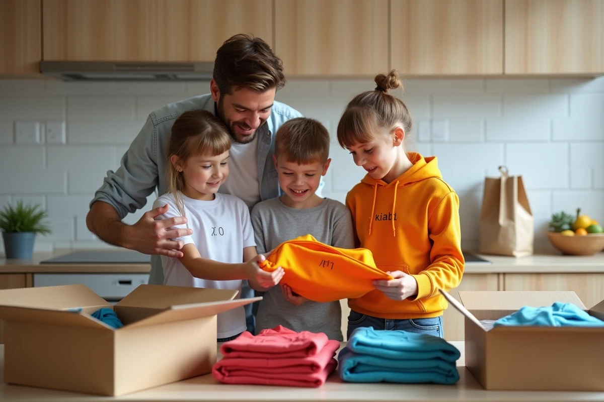 Père et enfants découvrant une commande Kiabi livrée à domicile dans une cuisine moderne
