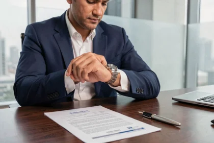 Homme en costume examinant une montre de luxe posée sur un contrat d'abonnement mensuel dans un bureau moderne
