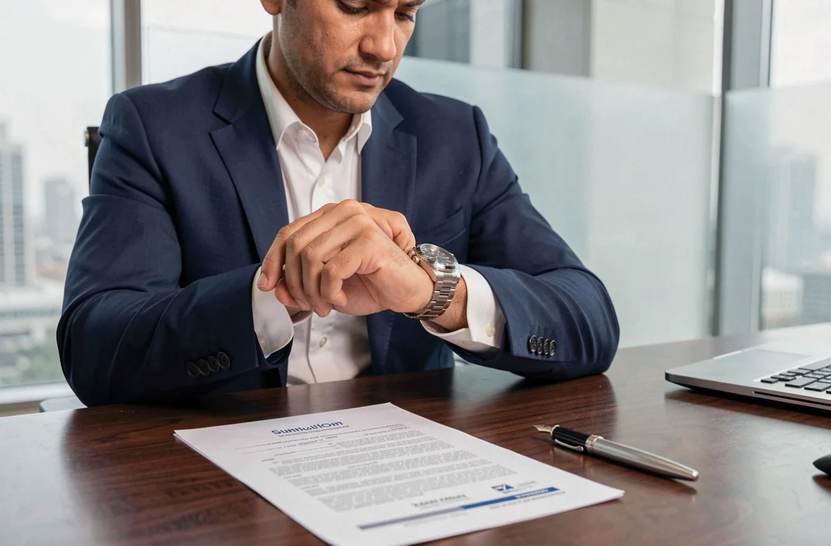 Homme en costume examinant une montre de luxe posée sur un contrat d'abonnement mensuel dans un bureau moderne