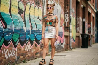 Jeune femme en tenue Y2K avec jupe argentée, lunettes teintées et sac iridescent devant un mur urbain graphique