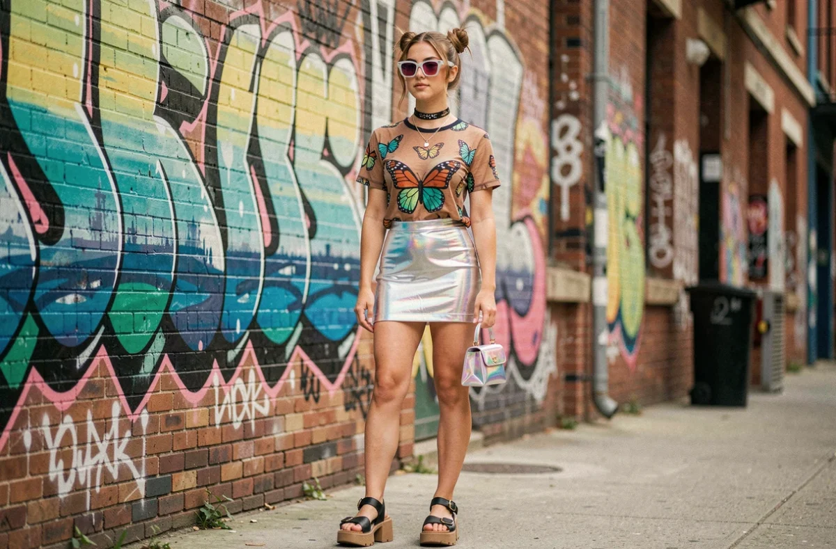 Jeune femme en tenue Y2K avec jupe argentée, lunettes teintées et sac iridescent devant un mur urbain graphique