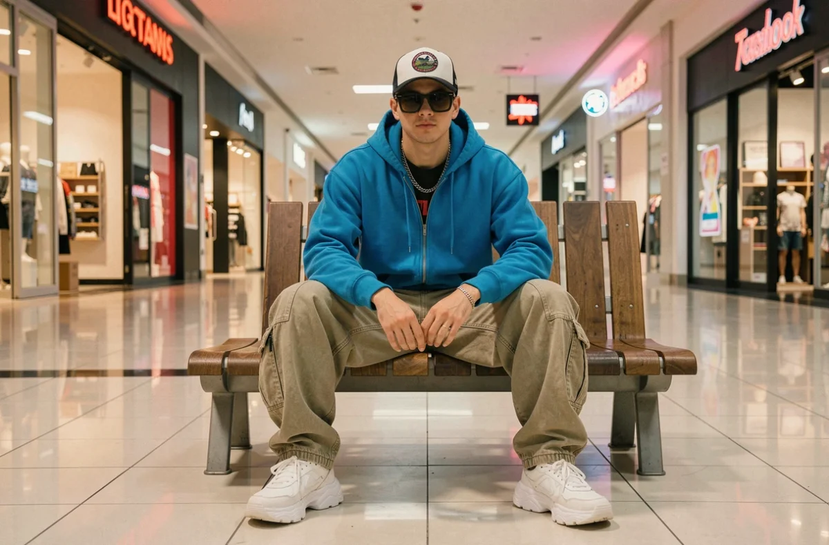 Jeune homme en look Y2K avec cargo baggy, hoodie bleu et sneakers chunky dans un centre commercial aux reflets néon