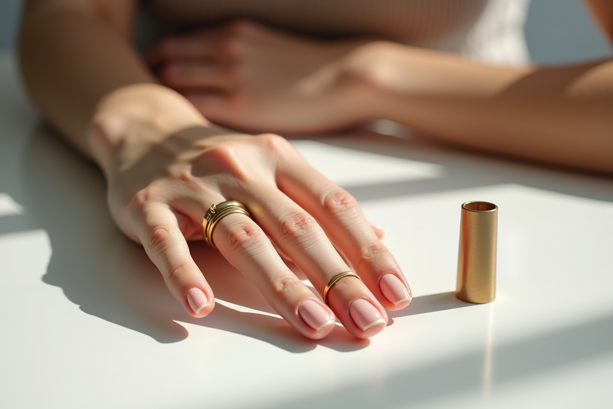 Une main féminine tient deux anneaux de tailles différentes sur un support