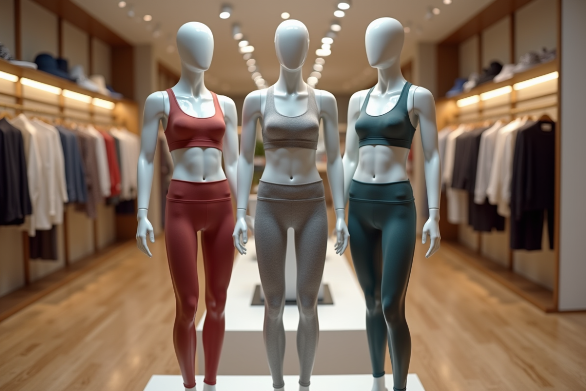 Mannequins modernes en boutique chic vêtus de tenues sport