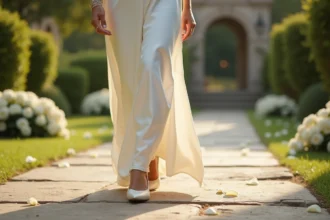 Mariée en robe ivoire marchant avec élégance sur un chemin en pierre dans un jardin, portant des talons aiguilles pointus pour son mariage