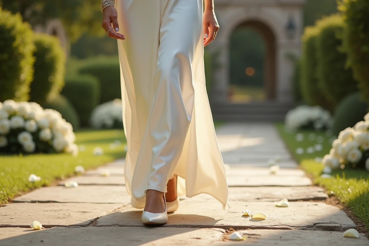 Mariée en robe ivoire marchant avec élégance sur un chemin en pierre dans un jardin, portant des talons aiguilles pointus pour son mariage