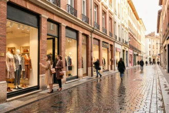 Rue commerçante animée de Toulouse avec des boutiques de vêtements aux façades en brique rose, vitrines élégantes et passantes bien habillées
