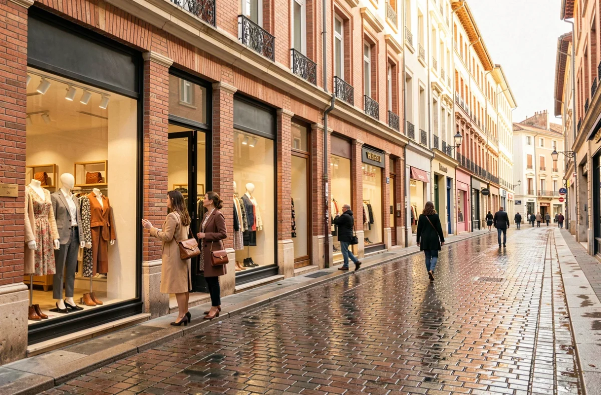 Rue commerçante animée de Toulouse avec des boutiques de vêtements aux façades en brique rose, vitrines élégantes et passantes bien habillées