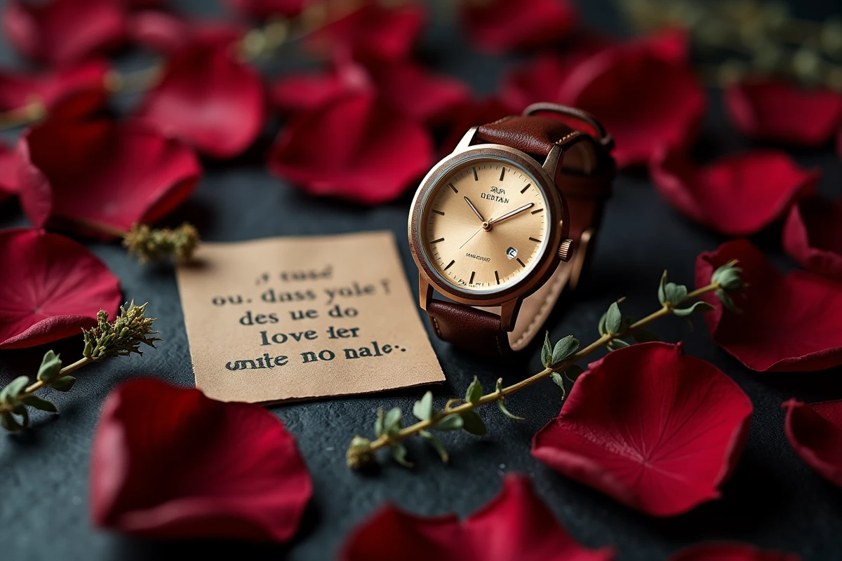 Montre homme personnalisée avec gravure posée sur des pétales de roses rouges pour un cadeau de Saint-Valentin élégant
