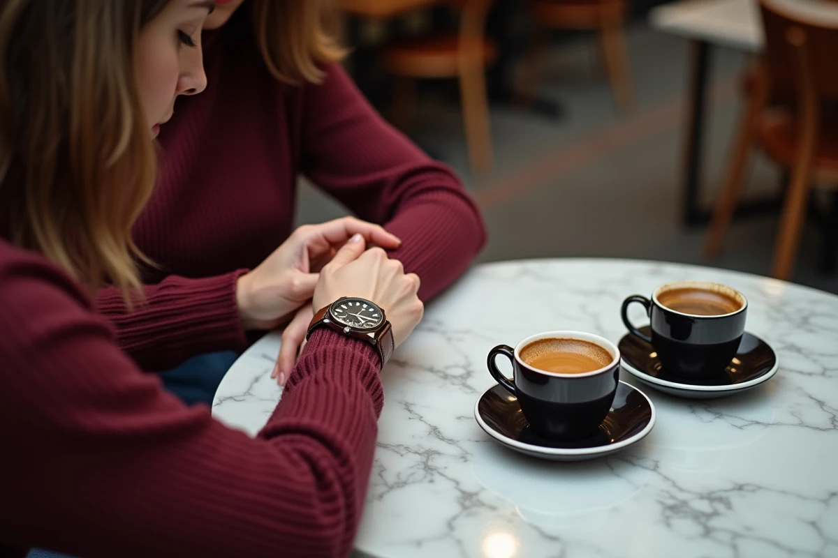 Femme offrant une montre personnalisée à son partenaire dans un café parisien pour la Saint-Valentin